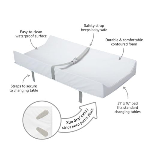 Munchkin Secure Grip Baby Diaper Changing Pad with Cover for Dresser, Waterproof and Wipeable, Contoured, Standard Size (16" x 31"), White