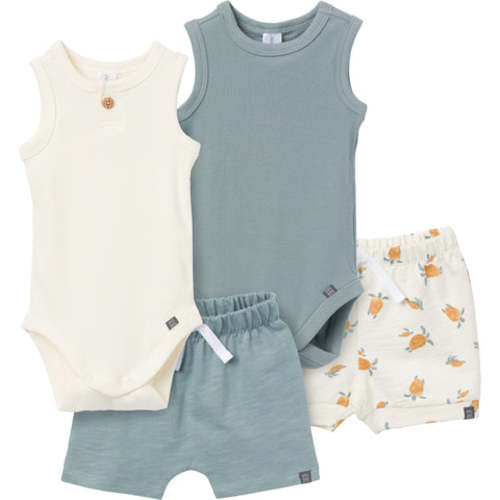 4-Piece Baby Boys Cream &amp; Teal Bodysuits and Shorts Set