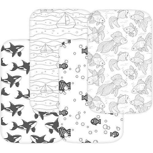 TansyPanda Bassinet Sheets for Bellababy, Besrey, AMKE, Milliard Bedside Bassinet Sleeper, Pack of 4, 20 x 33 Inch, Ultra Soft, Breathable, Snug Fit, Unisex Boys, Girls, Gray White (Ocean Fish Theme)