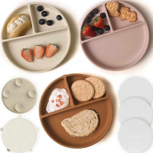 Moonkie Suction Plates for Baby | 100% Silicone BPA-Free Baby Plates with Lids and Food Cover | Divided Design | Microwave and Dishwasher Safe | Toddler Plates 3 Pack - 3Pcs-Shifting Sand/Blush/Buck - With Lids & Cover