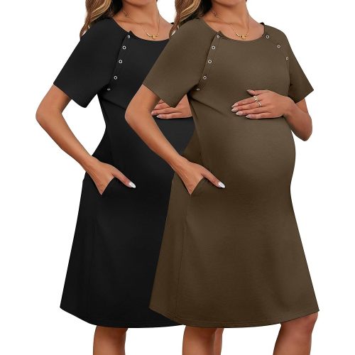 Huukeay 2 Pack Labor Delivery Nursing Hospital Gown Women's 35% Cotton Maternity Birthing Dress 3 In1 Breastfeeding Pajamas