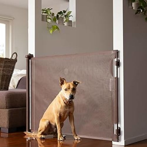 Retractable Baby Gate Perma Child Safety 33" Tall x 71” Wide, Mesh, for Stairs, Doorways, Dogs, Pets, Indoor, Outdoor, One-Handed Operation, Locking, Easy Install, Hardware Mount, Brown