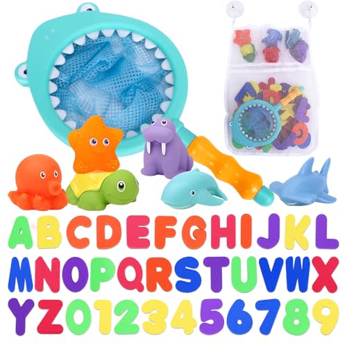 Bath Toys for Toddlers 1-3, Floating Animals Squirter Bath Toys, 36 Foam Bath Letters and Numbers Learning Toys with Bath Toy Storage, Pool Toys for Toddlers Age 1-3 Bath Time for Infant Girls Boys