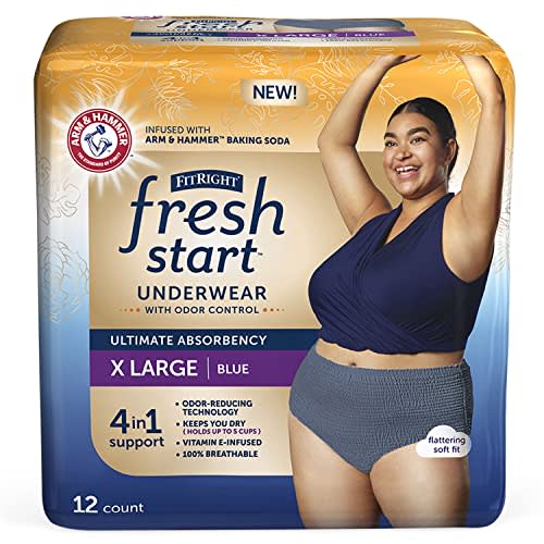 FitRight Fresh Start Incontinence and Postpartum Underwear for Women, XL, Blue (12 Count) Ultimate Absorbency, Disposable Underwear with The Odor-Control Power of ARM & Hammer