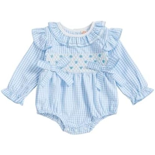 Newborn Baby Girl Summer Outfit Bow Smocked Bubble Romper Doll Collar Plaid Bodysuit Fly Sleeve Jumpsuit Clothes