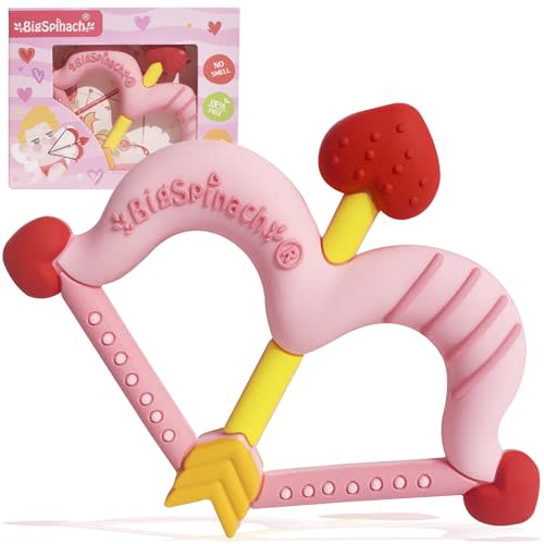 BIGSPINACH Teethers Heart Shape Silicone Baby Teether Toy Easy for Little Hands to Hold,Cupid Bow and Arrow Soft Teething Toy for Infants,Valentine's Gift for Girl or Boy (Pink)