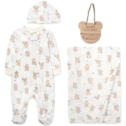 Baby Essentials Baby Boy 4 Piece Sleeper & Footie Gift Set – Teddy Bear Print Romper with Hat, Blanket & Wooden “Welcome to the World” Sign (3 months)