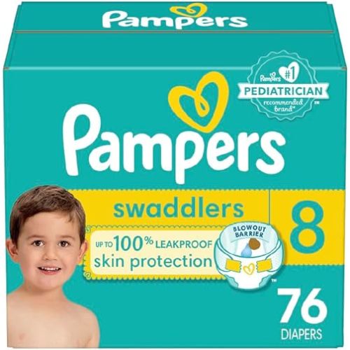 Pampers Swaddlers Diapers - Size 8, One Month Supply (76 Count), Ultra Soft Disposable Baby Diapers