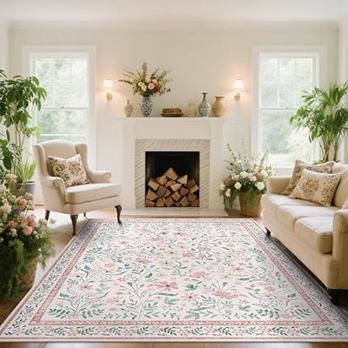 SHACOS 8x10 Floral Area Rugs for Living Room, Machine Washable Vintage Boho Rugs for Bedroom, Non Slip Soft Floral Low-Pile Nursery Carpet for Kids Room Dining Room Entryway Indoor, Pink