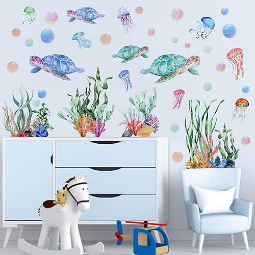 Kalolary 3D Under The Sea Coral Reef Wall Decals - Sea Turtle, Seaweed, Ocean Grass, Bubbles - Decoration for Wall Corner, Nursery, Children's Bedroom, Bathroom