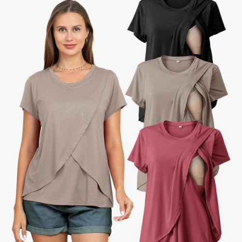 Rnxrbb 3 Pack Women's Nursing Tops for Breastfeeding Summer Short Sleeve T Shirts Postpartum Double Layer Clothes