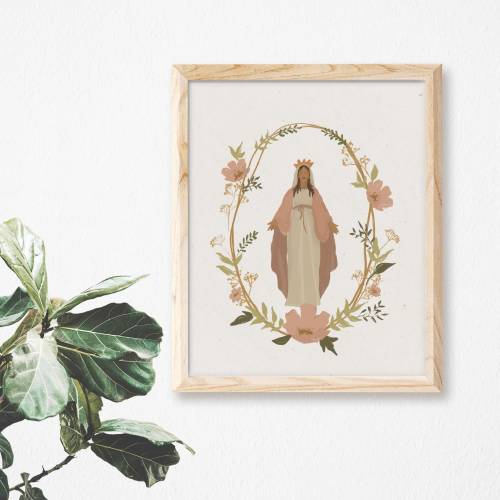 Blessed Mother | Catholic Art Print | Pink Floral Girls Room