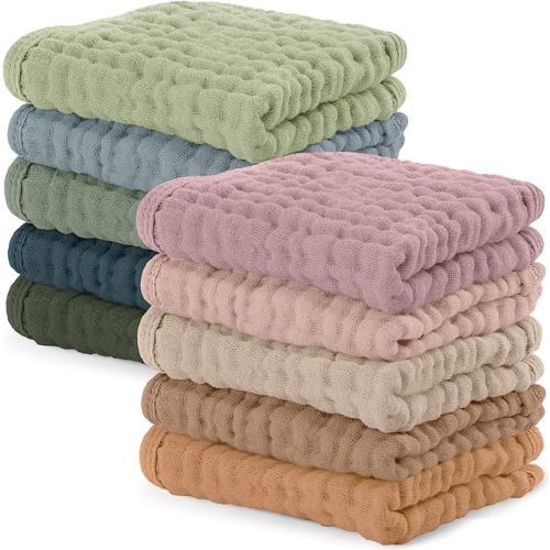 Comfy Cubs Muslin Baby Washcloths 10 Pack - Soft 6-Layer Cotton Wash Cloths for Sensitive Skin - 25 x 25 cm Large, Gentle, Absorbent Infant Essentials for Newborn and Toddlers - Multicolor