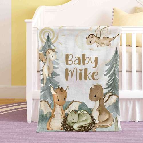 Little Dragon Nursery Blanket Personalized Baby Dragon Blanket Forest Animal Baby Blanket Kids Custom Name Blanket Woodland Baby Shower Gift