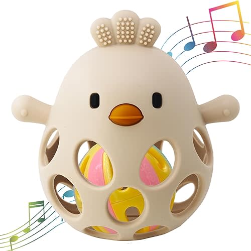 Baby Teething Rattle Toy, Upgraded Easy Grasp Silicone Teething Rattle Ball Toy for Babies Over 3 Months, 100% Food Grade, Gift for Infant Boys and Girls 0-6-12 Months