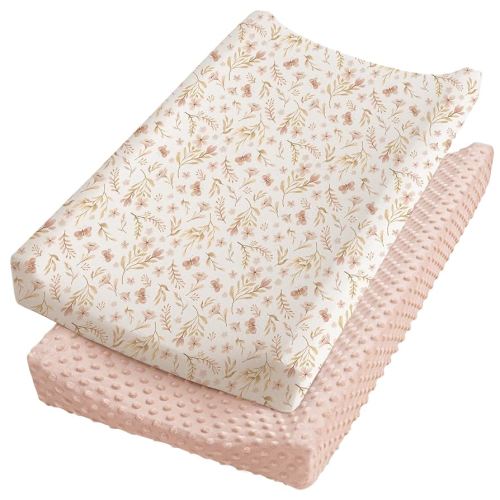 Konssy Minky Changing Pad Cover 2 Pack, Soft Minky Dots Plush Diaper Changing Table Cover Set, Breathable Changing Pad Sheets for Baby Girls Boys (Pink Spring, Blush)
