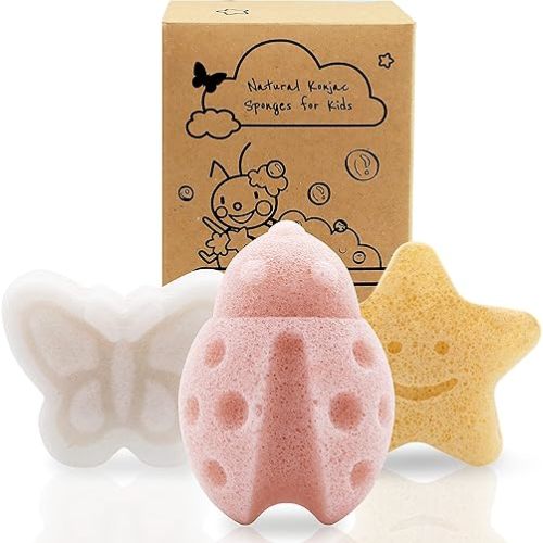 myHomeBody Konjac Baby Sponge for Bathing, Cute Shapes Natural Kids Bath Sponges for Infants, Toddler Bath Time, Natural and Safe Plant-Based Toys, 3pc. Set: Butterfly, Ladybug, Star