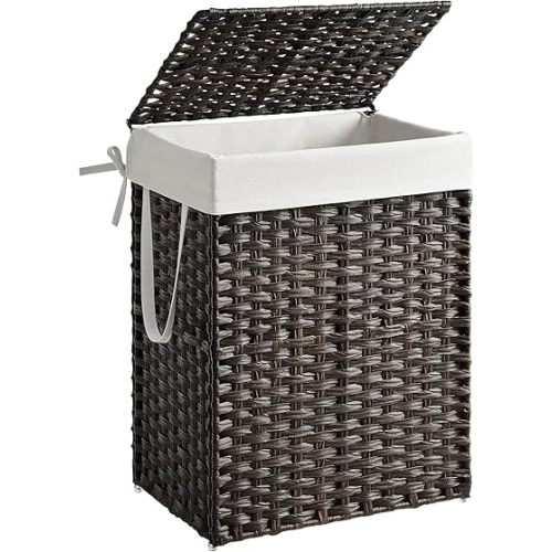 SONGMICS Laundry Hamper with Lid, 23.8 Gallon (90 L) Synthetic Rattan Clothes Laundry Basket with Lid and Handles, Foldable, Removable Liner, Chestnut Brown ULCB051K02