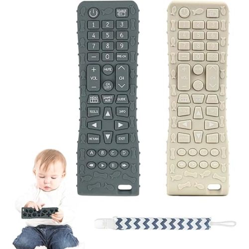 2Pack Silicone Baby Teething Toys, Soft Chew Toys with TV Remote Control Shape, Teether Early Educational Sensory Toy for Babies 3-12 Months Boys or Girls(Grey+White)
