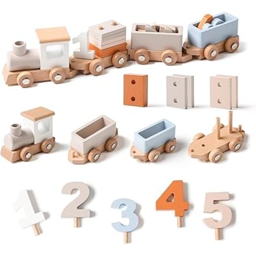 Mamimami Home Wooden Train Set Train with Numbers & Blocks for Toddlers 1-4, Baby Gift