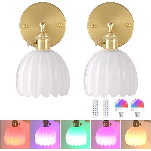 Vintage Battery Operated Wall Sconce with White Tulip Glass Lampshade Rechargeable Battery Powered Wall Light with Remote Control for Bedside Bedroom Doorway, Set of 2