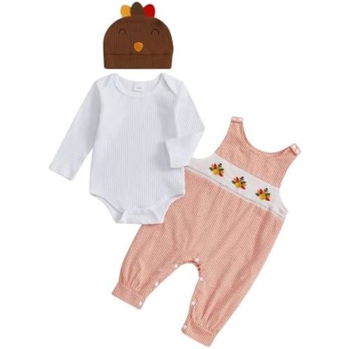 My First Thanksgiving Baby Boy Outfit Infant Little Turkey Hat Ribbed Bodysuit Overalls Pants Newborn Outfits