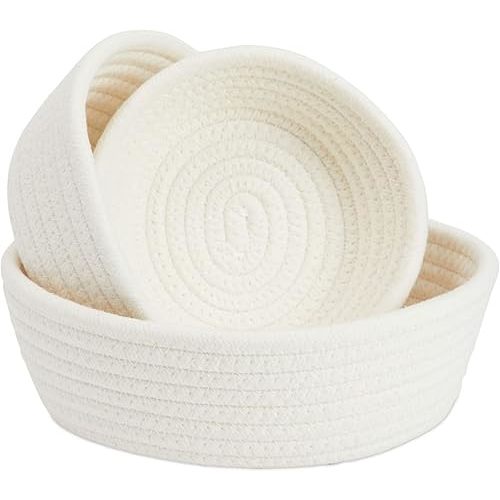 Juvale 3-Pack Small Round Cotton Rope Woven Storage Baskets - Nesting Bins for Organizing Home and Montessori Toys (White, 3 Sizes)