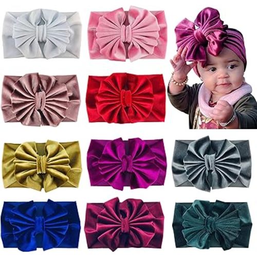 inSowni 10 Pack Solid Stretchy Velvet Big Bow Wide Headbands Headwraps Accessories for Baby Girls Toddlers Newborns Infants Kids