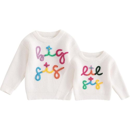 Toddler Baby Girls Knit Sweaters Big Lil Sister Matching Sweater Kids Crewneck Pull-on Oversized Fall Knitwear Tops