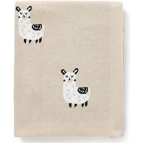 100% Cotton Baby Blanket Knit Soft Cozy Swaddle Receiving Blankets Toddler Infant Blanket with Lovely Sheeps for Newborn Boy Girls - Khaki, 90 x 70cm