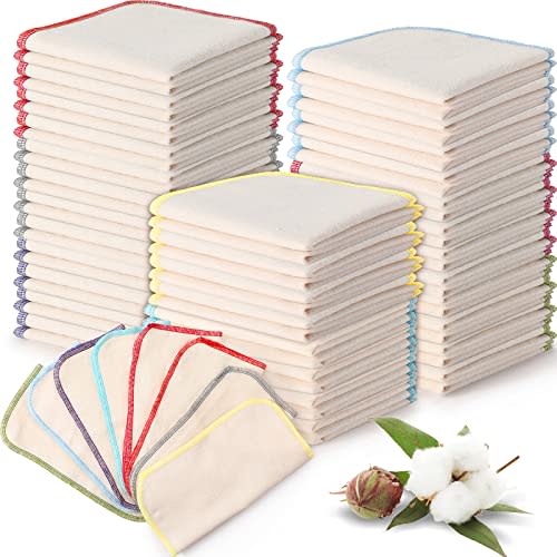 Zopeal 64 Pcs Flannel Cloth Baby Wipes Reusable Dispenser Washable Soft Natural Unbleached Baby Face Cloth Wipes 8 Colors Outer Stitching 8 x 8 Inches
