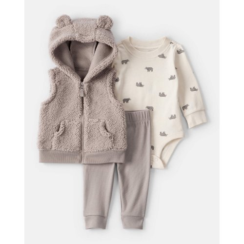 Baby Boy 3-Piece Bear Print Sleeveless Jacket, Bodysuit & Pant Set - Tan/Ivory | Carter's