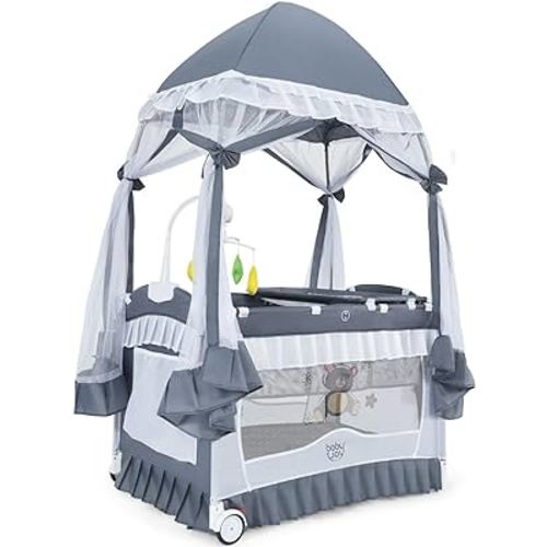 BABY JOY 4 in 1 Pack and Play with Canopy, Portable Baby Playard with Bassinet, Double-Layer Baby Crib, Wheels & Brake, Foldable Baby Girl Pink Bassinet from Newborn to Toddler