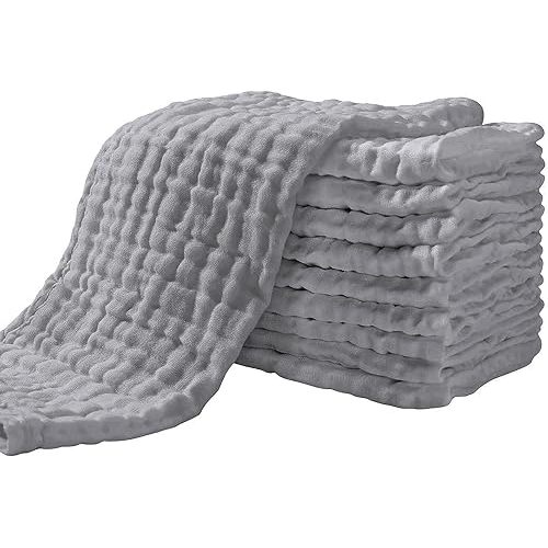 Yoofoss Muslin Burp Cloths for Baby 10 Pack 100% Cotton Baby Washcloths for Boys Girls Large 20''X10'' Super Soft and Absorbent Gray
