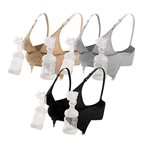 iloveSIA 3PACK Nursing & Pumping Bra All in One Hands Free Pumping Bra Black+Gray+Beige Size XL