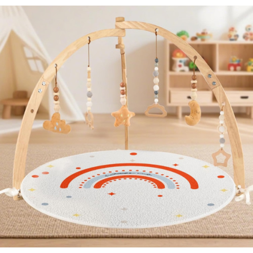 Baby Play Gym & Activity Mat, 6 Detachable Sensory Toys, Easy-Fold Wooden Tummy Time Mat for Infants & Toddlers, Baby Gift