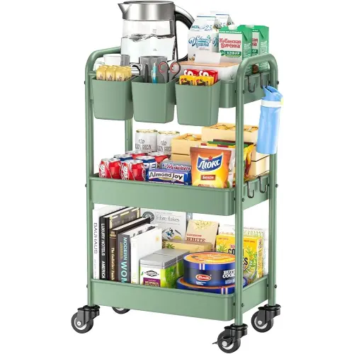YASONIC 3-Tier Rolling Cart, Green, 66 Pounds Capacity, Mesh Storage Organizer with Lockable Wheels, 3 Hanging Cups, 4 Hooks, Easy Assembly, for Kitchen, Bathroom, Laundry, Grocery