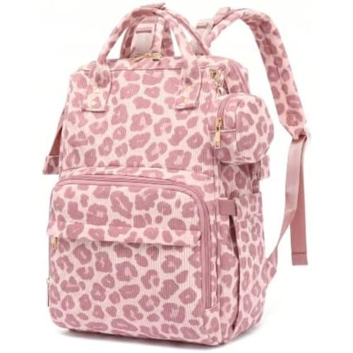 Baby Diaper Bag Backpacks for Mom Dad, Corduroy Large Capacity Multifunction Nappy Bag with Pacifier Case, Baby Travel Essentials Diaper Backpack for Boys Girls - Leopard Purple