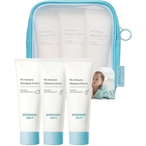 GOONGBE Baby Skincare Travel Set - Korean Baby Skincare & Bath Time Essentials - Shampoo & Bath, Moisutre Lotion, Cream - Hydrating & Nourishing, 3 Items