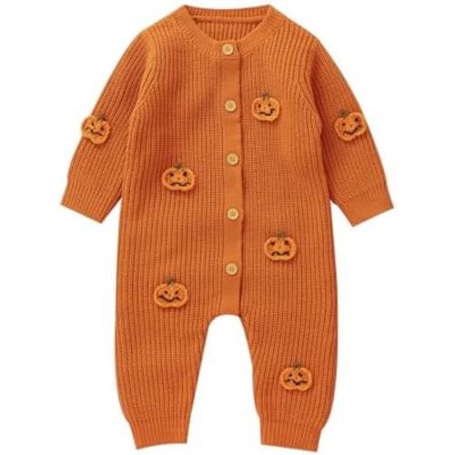 Infant Baby Boy Girl Halloween Outfit Long Sleeve Pumpkin Knitted Jumpsuit Button Down Sweater Romper Fall Clothes