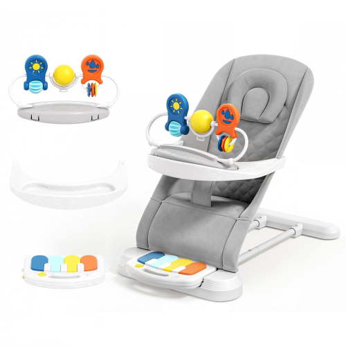 Babyomi 4-1 Baby Bouncer , 3-Level Recline Foldable Rocker for Infant to Toddler 0-6 with Detachable Pianos, Feeding Tray and Play Bar 12-24 Months, Girls and Boys Gift, Gray
