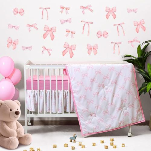 5 Pcs Pink Bow Theme Crib Bedding Set Include Bow Knot Print Crib Sheets Bed Skirt Comforter Pad Cover Wall Stickers for Girls Princess Nursery Room Decoration