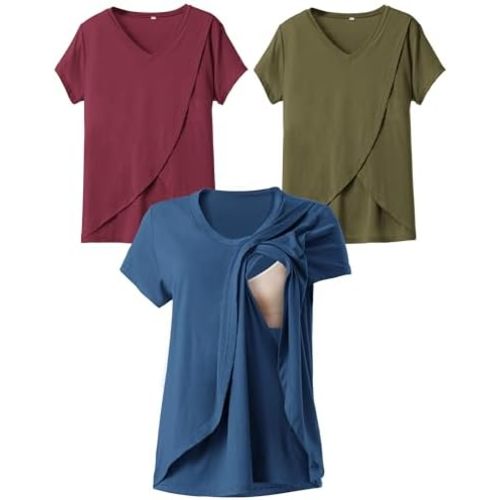 Rnxrbb V Neck Nursing Tops for Breastfeeding Tshirts Summer Postpartum Clothes Sets Short Sleeve 3 Pack Double Layer