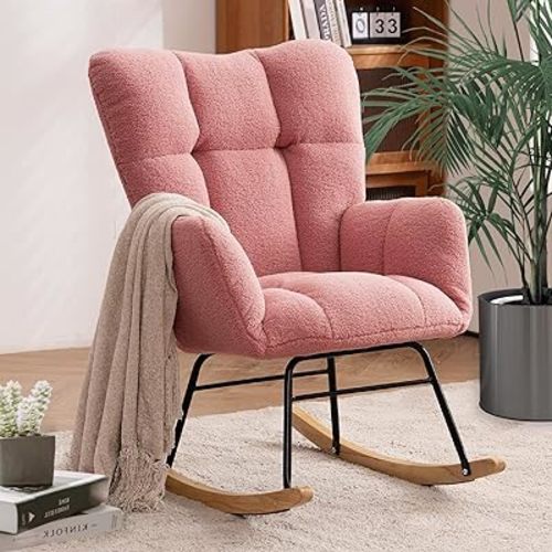 Nursery Rocking Chair, Teddy Upholstered Glider Rocker with High Backrest Armchair, Modern Rocking Accent Chairs for Nursery, Living Room, Bedroom, Offices (Pink)