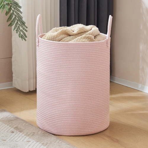 ShadeMart Pink Woven Rope Laundry Hamper Basket, 72L Tall Laundry Basket for Blanket Organizer- Clothes Hamper for Bedroom Storage