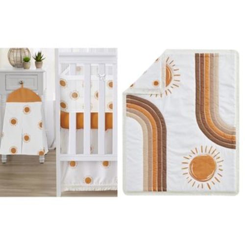 Sweet Jojo Designs 6p Gender Neutral Unisex Crib Bedding + BreathableBaby Breathable Mesh Liner Anti Bumper Pad Boho Sun Orange White Beige