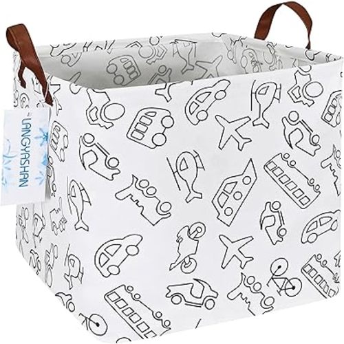 LANGYASHAN Square Storage Baskets Waterproof Canvas Children Laundry Nursery Hamper for Shelves Gift Baskets Toy Organizer Room Decor(Vehicle)