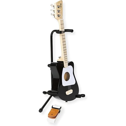 Loog Mini Acoustic Kids Guitar, Mini Stand and Strap Bundle for Beginners, Ages 3+ (Black)