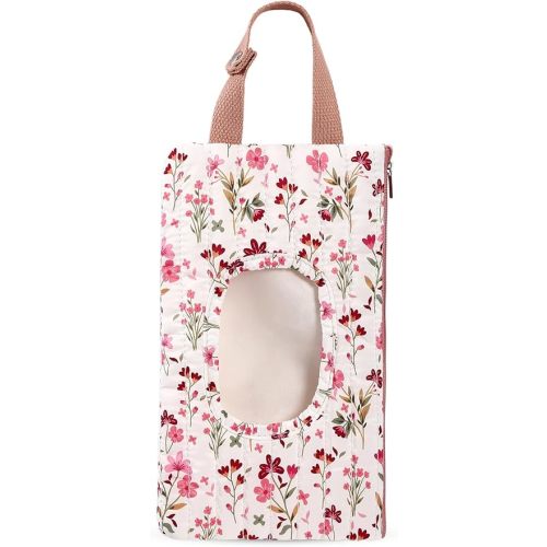 Quilted Baby Wipe Holder Quilted Wipe Pouch Portable Hanging Floral Wet Wipes Bag for Car, Stroller (Pink Flower)