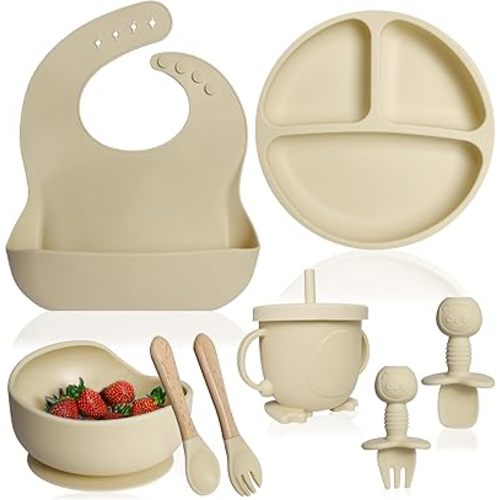 Bluet B- Silicone Baby Feeding Set - Baby Led Weaning Supplies - Baby Spoons, Suction Bowl - Plate - Baby Utensils Set - Silicone Feeding Set for Baby First Foods, Infant Eating - 8pcs - Beige
